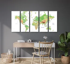 5-dielny obraz klasická mapa sveta s bielym pozadím