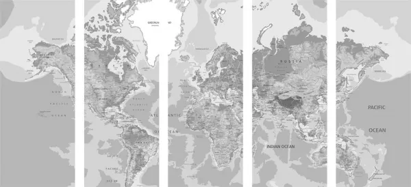5-dielny obraz klasická mapa sveta v čiernobielom prevedení