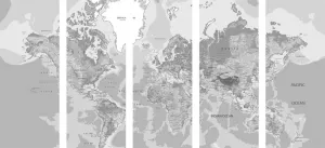 5-dielny obraz klasická mapa sveta v čiernobielom prevedení