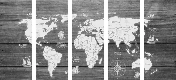 5-dielny obraz čiernobiela mapa na dreve