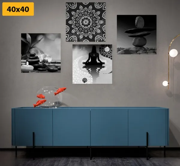 Set obrazov harmónia Feng Shui v čiernobielom prevedení