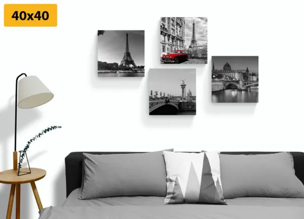 Set obrazov  Paríž s retro červeným autom
