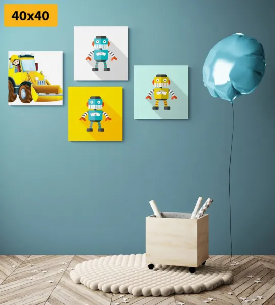 Set obrazov roboti so žltým autom