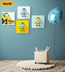 Set obrazov roboti so žltým autom