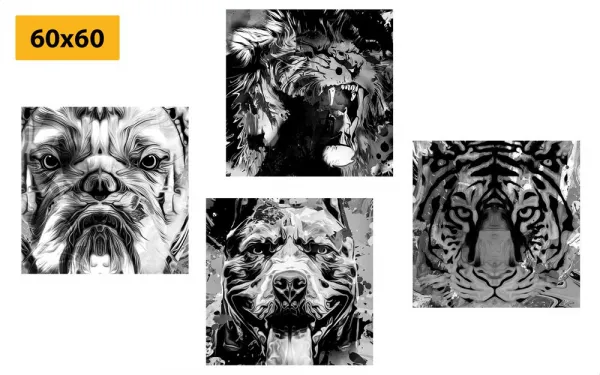 Set obrazov zvieratá v čiernobielom prevedení pop art štýlu