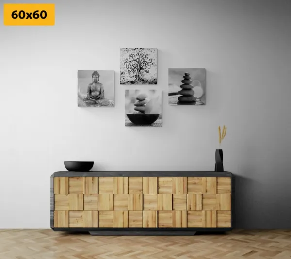 Set obrazov s čiernobielym Feng Shui motívom