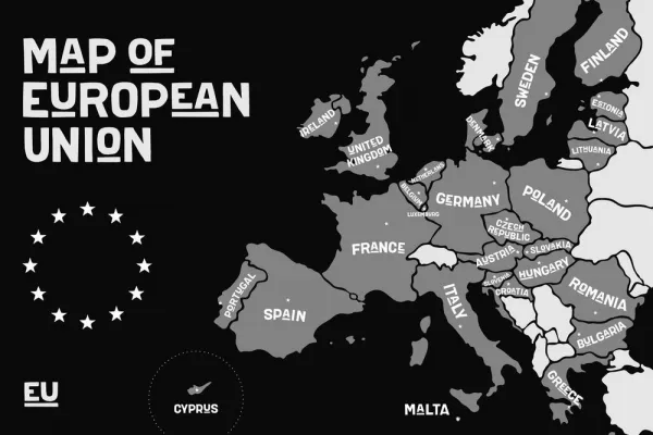 Obraz náučná mapa s názvami krajín európskej únie v čiernobielom prevedení