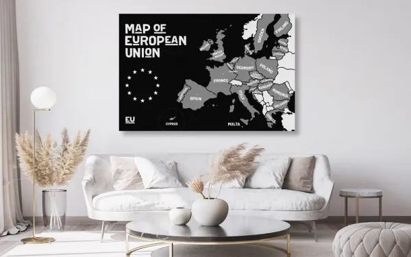 Obraz na korku náučná mapa s názvami krajín európskej únie v čiernobielom prevedení