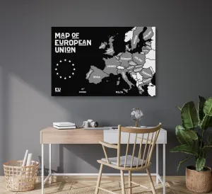 Obraz na korku náučná mapa s názvami krajín európskej únie v čiernobielom prevedení