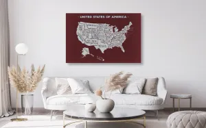 Obraz na korku náučná mapa USA s bordovým pozadím
