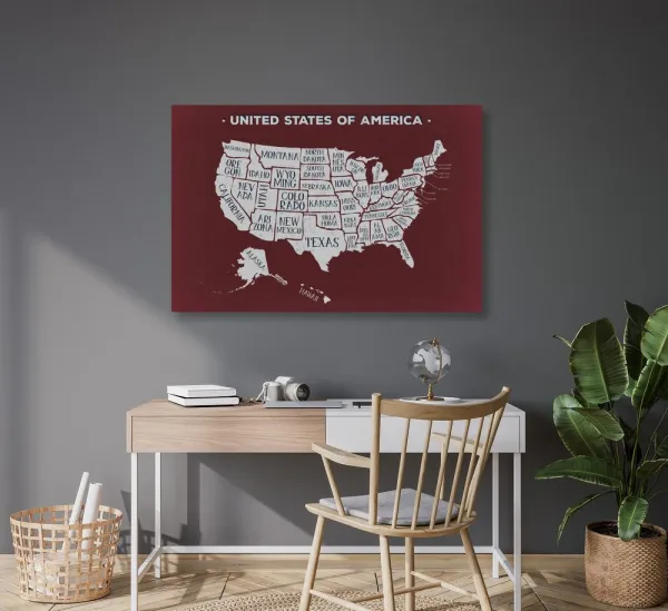 Obraz na korku náučná mapa USA s bordovým pozadím