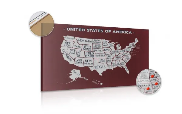 Obraz na korku náučná mapa USA s bordovým pozadím