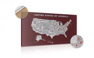 Obraz na korku náučná mapa USA s bordovým pozadím