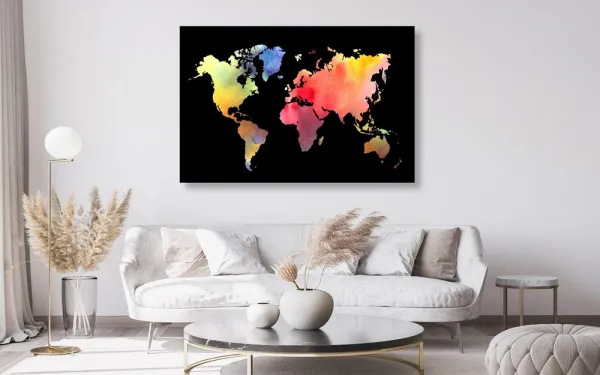 Obraz na korku mapa sveta v akvarelovom prevedení na čiernom pozadí