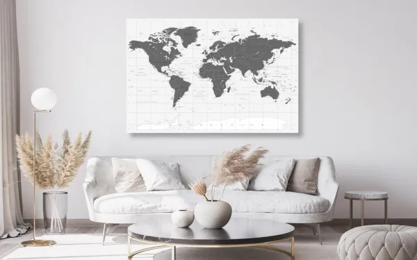 Obraz na korku politická mapa sveta v čiernobielom prevedení