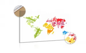 Obraz na korku mapa sveta so symbolmi jednotlivých kontinentov