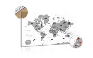 Obraz na korku mapa so zvieratami v čiernobielom prevedení