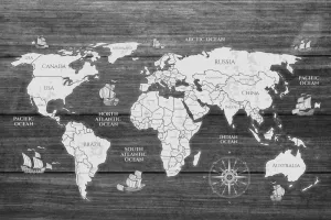 Obraz čiernobiela mapa na dreve
