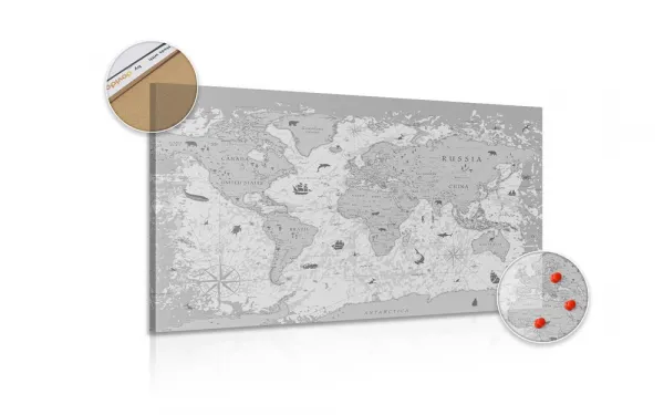 Obraz na korku mapa v čiernobielom prevedení