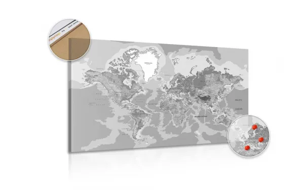 Obraz na korku klasická mapa sveta v čiernobielom prevedení