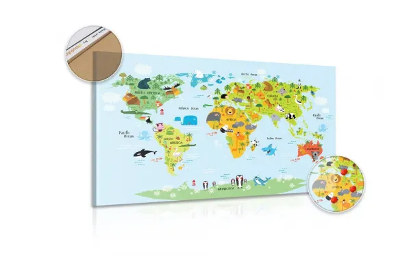Obraz na korku detská mapa sveta so zvieratkami