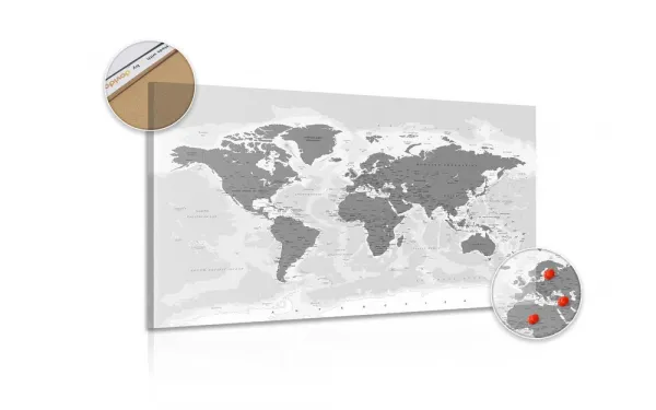 Obraz na korku mapa sveta s čiernobielym nádychom