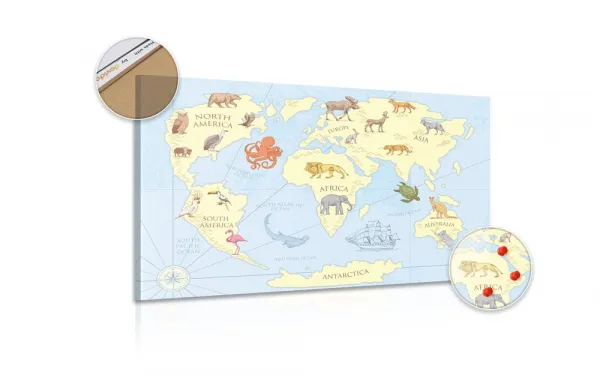 Obraz na korku mapa sveta so zvieratami
