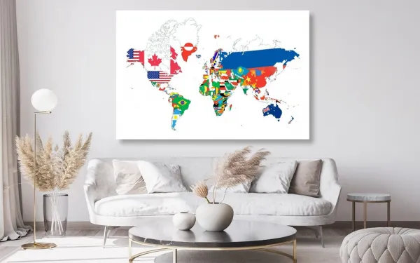 Obraz na korku mapa sveta s vlajkami s bielym pozadím