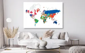 Obraz na korku mapa sveta s vlajkami s bielym pozadím