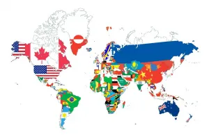 Obraz mapa sveta s vlajkami s bielym pozadím