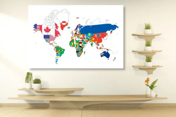Obraz na korku mapa sveta s vlajkami s bielym pozadím