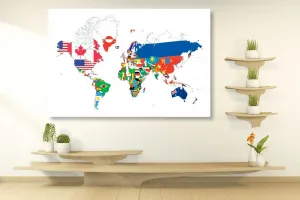 Obraz na korku mapa sveta s vlajkami s bielym pozadím