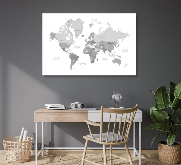 Obraz čiernobiela mapa sveta vo vintage vzhľade