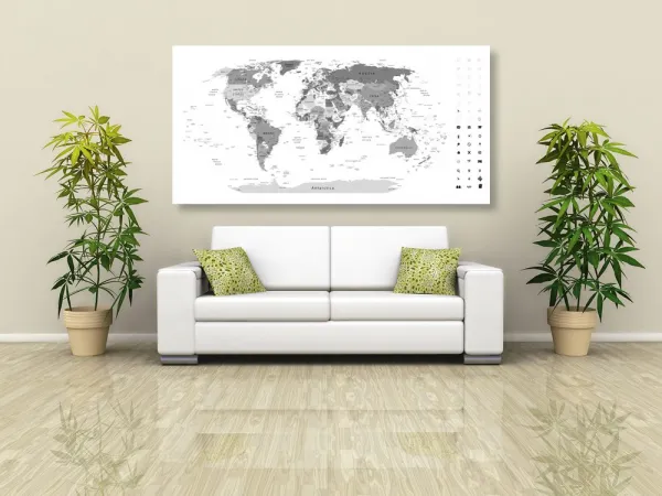Obraz na korku detailná mapa sveta v čiernobielom prevedení