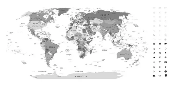 Obraz na korku detailná mapa sveta v čiernobielom prevedení