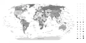 Obraz na korku detailná mapa sveta v čiernobielom prevedení