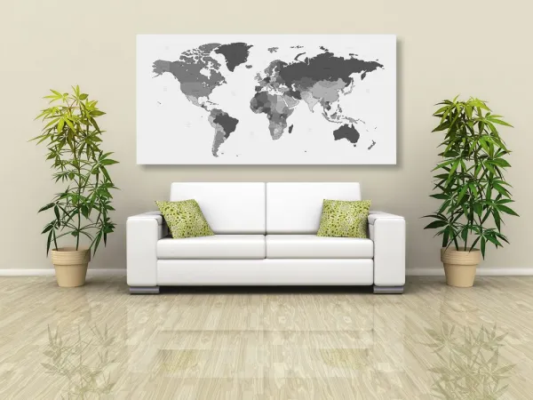 Obraz na korku detailná mapa sveta v čiernobielom prevedení