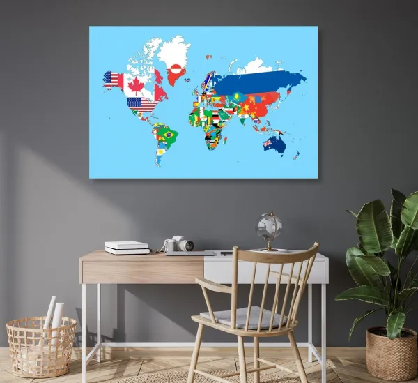 Obraz na korku mapa sveta s vlajkami