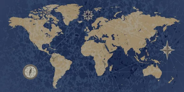 Obraz na korku mapa sveta s kompasom v retro štýle na modrom pozadí