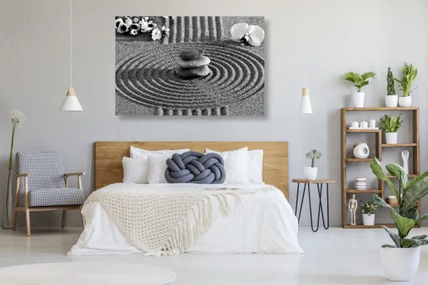 Obraz japonská záhrada s Feng Shui prvkami v čiernobielom prevedení