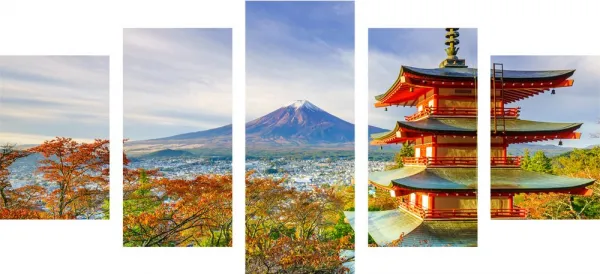 5-dielny obraz výhľad na Chureito Pagoda a horu Fuji