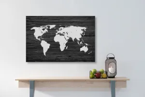 Obraz mapa sveta na dreve v čiernobielom prevedení