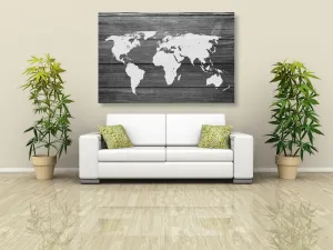 Obraz čiernobiela mapa sveta s dreveným pozadím