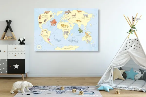 Obraz mapa sveta so zvieratami