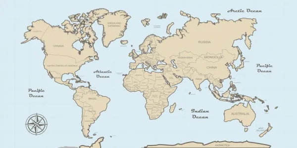 Obraz béžová mapa sveta na modrom pozadí