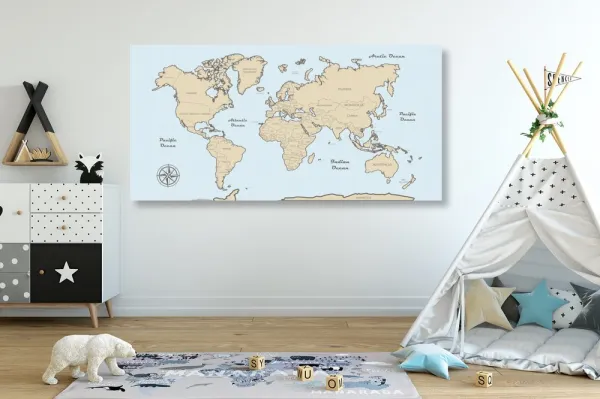 Obraz béžová mapa sveta na modrom pozadí