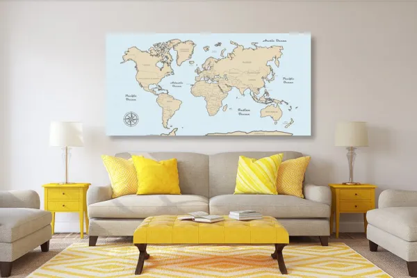 Obraz béžová mapa sveta na modrom pozadí
