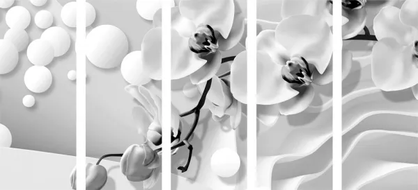 5-dielny obraz čiernobiela orchidea na abstraktnom pozadí