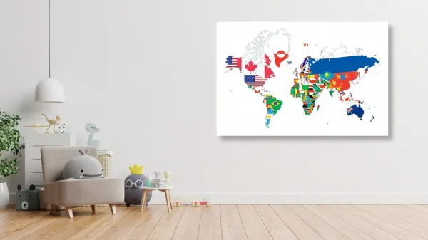 Obraz mapa sveta s vlajkami s bielym pozadím