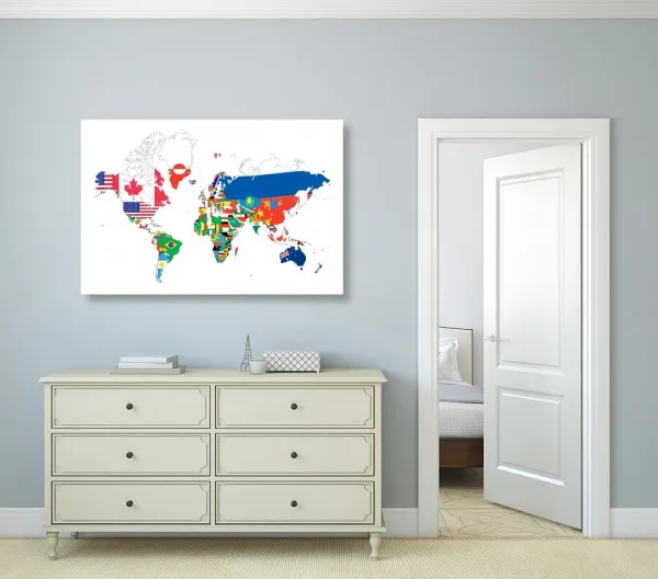 Obraz mapa sveta s vlajkami s bielym pozadím